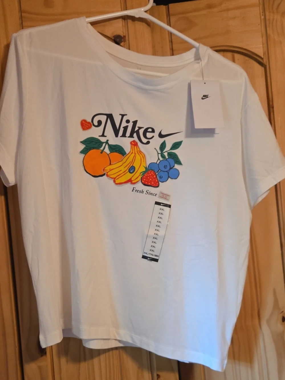 Nike White Short-Sleeve Tee with Colorful Fruit Graphic NWT size Xxl- Crop